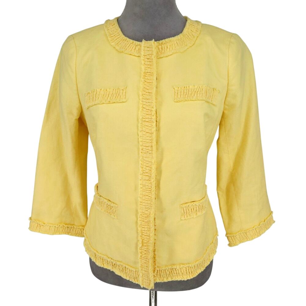 Talbots Jacket Womens 4 Yellow Linen Blend Ruffle Trim Cotton Lining Resort